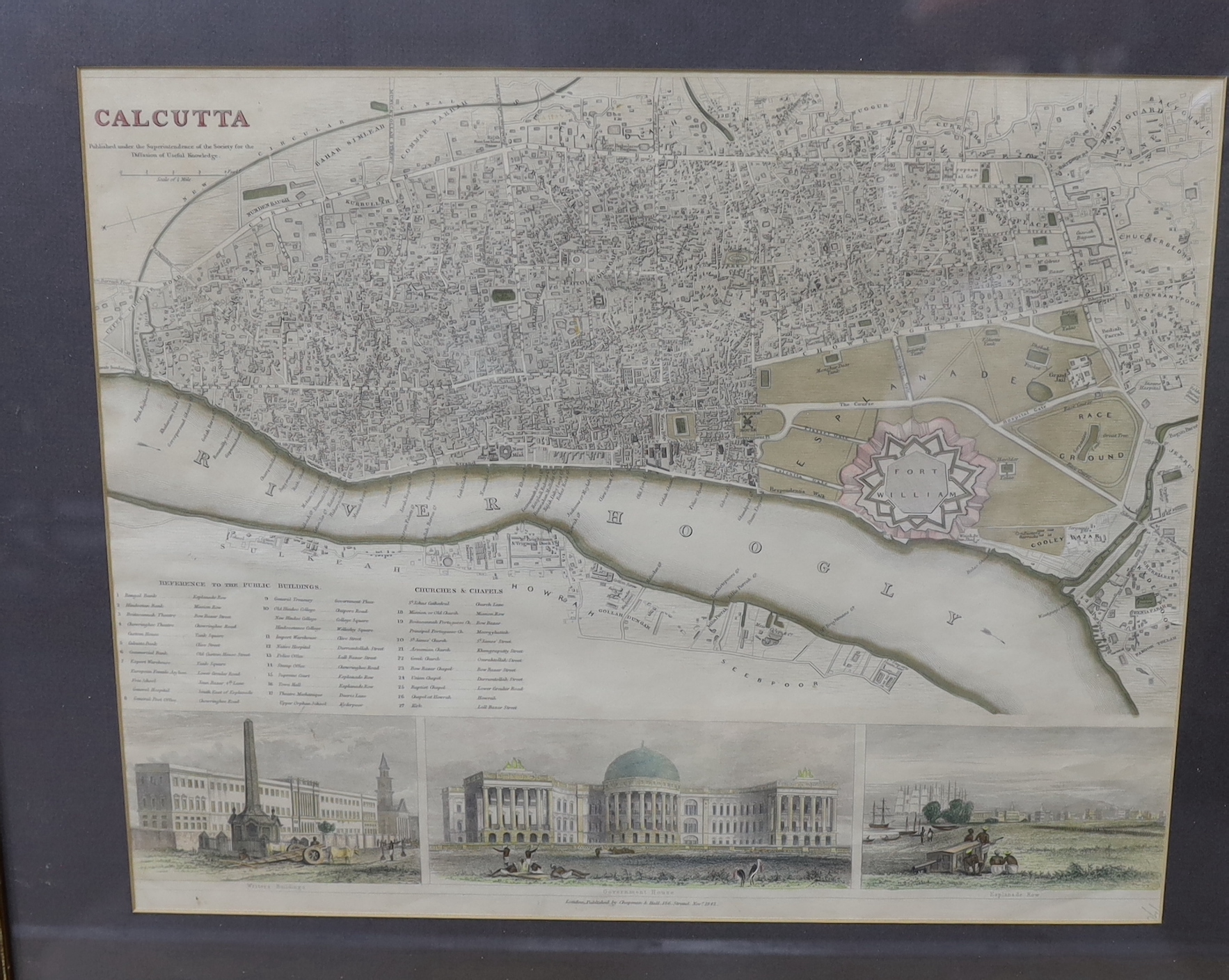 Six antique maps including Calcutta, publ. Chapman & Hall, 1842, England and North Wales by Henricus Hondius and Islands in The Indian Ocean by J Rapkin, publ. John Tallis, largest 48 x 38cm